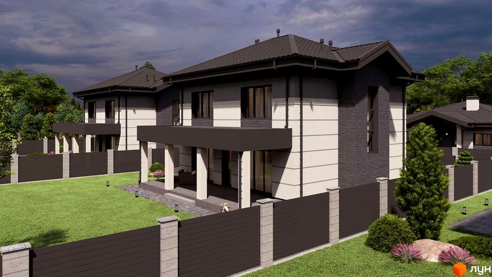 Котеджне містечко CHAPELSKY: двоповерхові будинки з темним дахом, світлими фасадами та темними акцентами, огороджена територія з газоном та деревами.