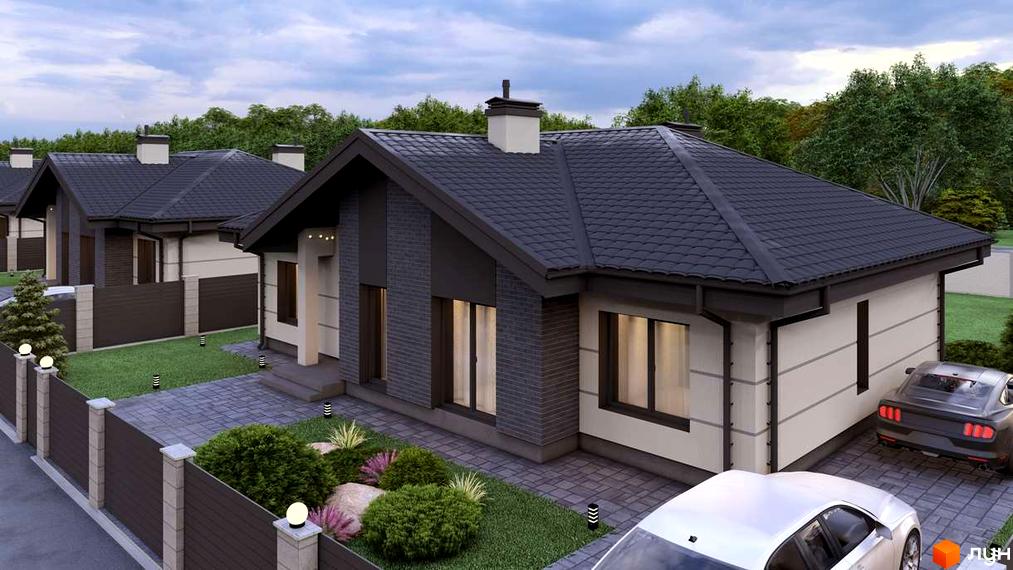 Котеджне містечко КМ CHAPELSKY: одноповерхові будинки з темним дахом, цегляним фасадом та доглянутою прибудинковою територією з паркуванням.