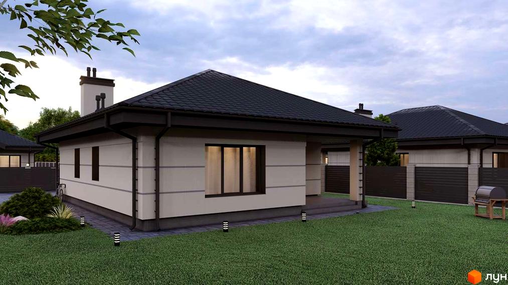 Котеджне містечко CHAPELSKY: одноповерховий будинок з темним дахом та світлими стінами, доглянутий газон та доріжка. Зовнішній вигляд будинку та прибудинкової території.