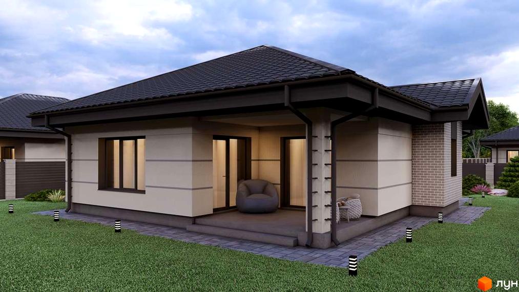 Котеджне містечко CHAPELSKY: одноповерховий будинок з темним дахом, світлими стінами та цегляною вставкою, розташований на доглянутій галявині з доріжками та освітленням.