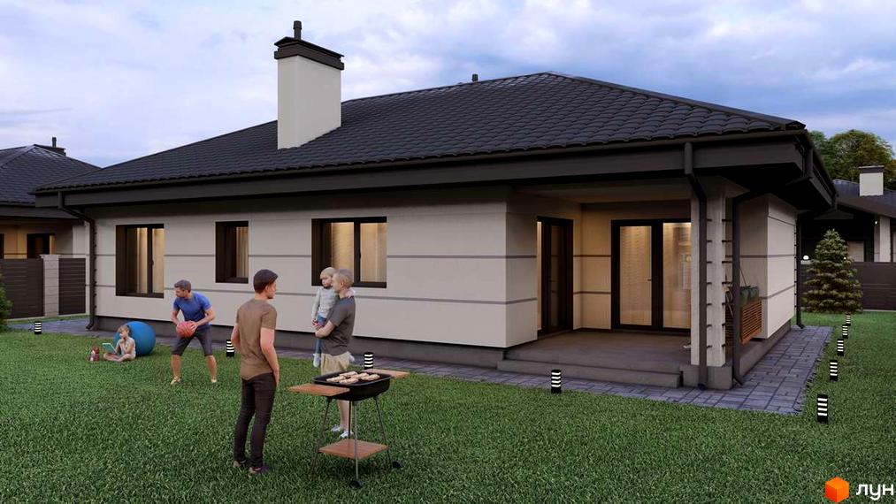 Котеджне містечко КМ CHAPELSKY: одноповерховий будинок з темним дахом та світлими стінами, поруч зелений двір з барбекю та дітьми.