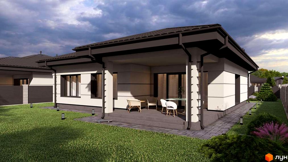 Котеджне містечко CHAPELSKY: одноповерховий будинок з терасою та зеленою прибудинковою територією. Зовнішній вигляд будинку та ландшафтний дизайн.