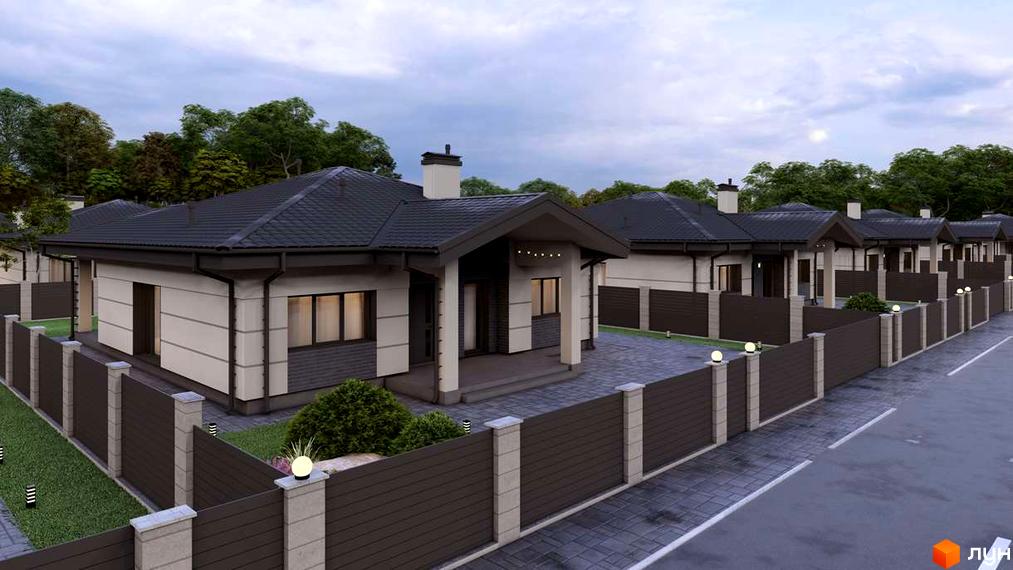 Котеджне містечко CHAPELSKY: одноповерхові будинки з темними дахами, світлими фасадами та коричневими парканами. Навколо будинків доглянуті газони та бруківка.