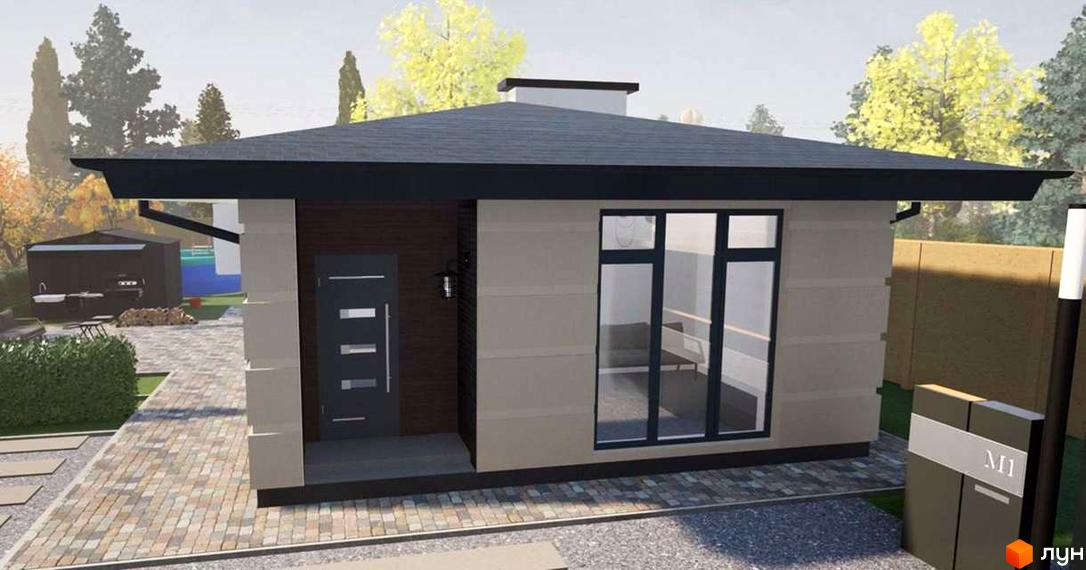 Котеджне містечко CHAPELSKY: одноповерховий будинок з великими вікнами та темним дахом, поруч доглянута прибудинкова територія з доріжками та зеленню.