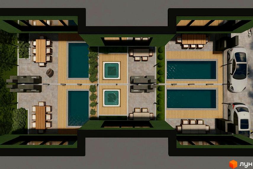 Вид зверху на Таунхауси Balance Houses з зеленими дахами, басейнами, дерев'яними терасами, зонами відпочинку та парковкою.