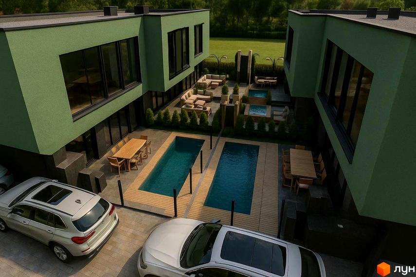 Таунхауси Balance Houses з фасадами зеленого кольору та великими вікнами. На території розташовані два басейни, зони відпочинку та паркінг.