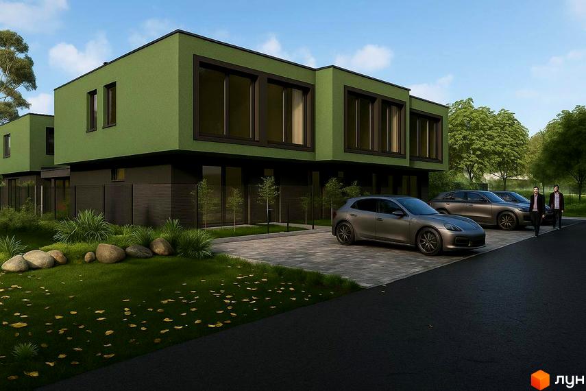 Зовнішній вигляд таунхаусів Balance Houses з зеленим фасадом та темними вікнами. Прибудинкова територія з газоном, камінням та автомобілями.