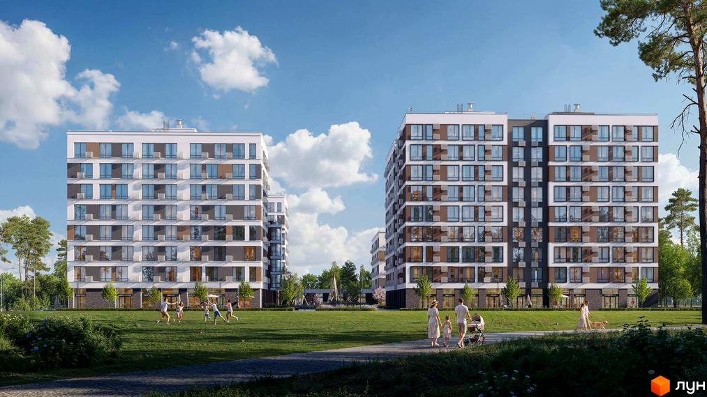 Житловий комплекс RE-FORMAT ALPHA: багатоповерхові будинки з білими фасадами, коричневими та сірими акцентами, оточені зеленим газоном та деревами, де гуляють люди.