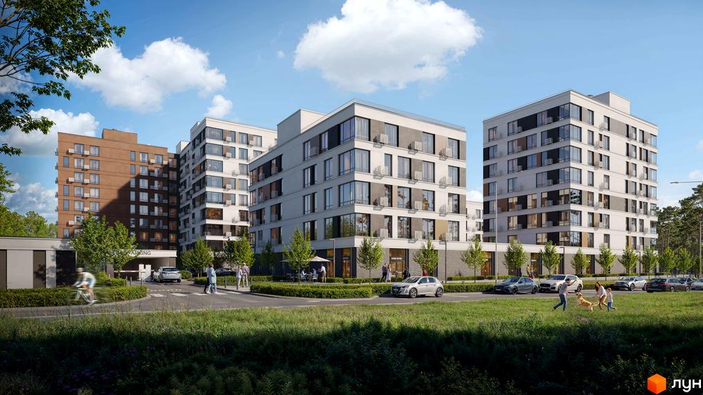 Житловий комплекс RE-FORMAT ALPHA включає багатоповерхові будинки зі світлими фасадами та великими вікнами. На території є зелені зони, дороги та місця для відпочинку.