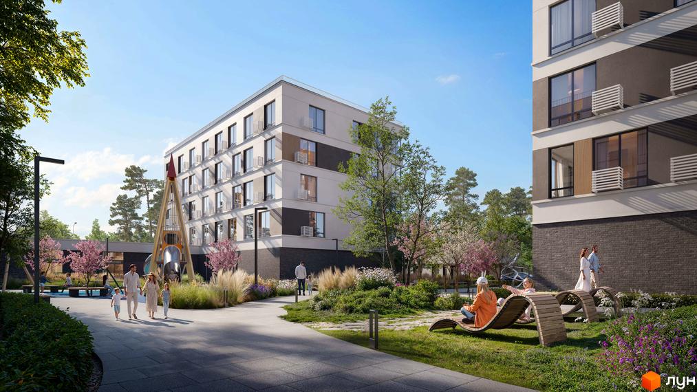 Житловий комплекс RE-FORMAT ALPHA: багатоповерховий будинок зі світлим фасадом, балконами та прибудинковою територією з дитячим майданчиком.