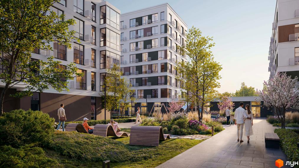 Житловий комплекс RE-FORMAT ALPHA: багатоповерхові будинки з білими фасадами, великими вікнами. Озеленена прибудинкова територія з доріжками та лавками.