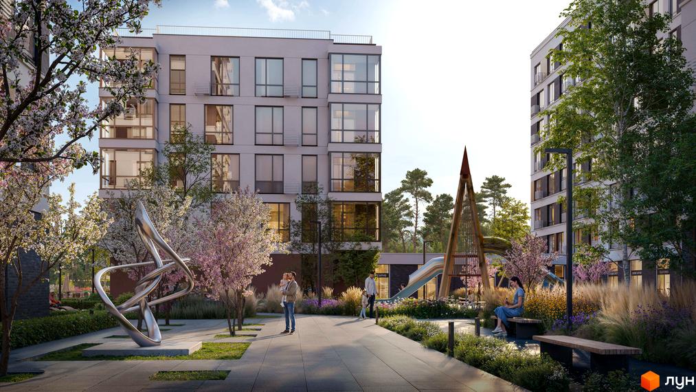 Житловий комплекс RE-FORMAT ALPHA: світлі багатоповерхові будинки з великими вікнами. Облаштована прибудинкова територія з зеленими насадженнями та дитячим майданчиком.