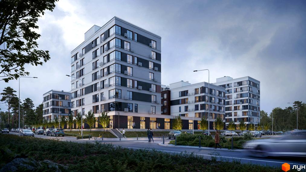 Житловий комплекс RE-FORMAT ALPHA з багатоповерховими будинками світло-сірого кольору та скляними фасадами. Навколо дорога, автомобілі, пішоходи та багато зелені.
