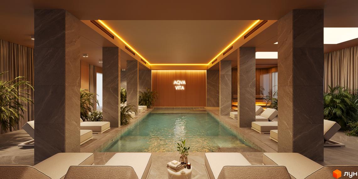 Житловий комплекс Aqua Vita: басейн з підсвіткою та зоною відпочинку. Територія з рослинами та шезлонгами.