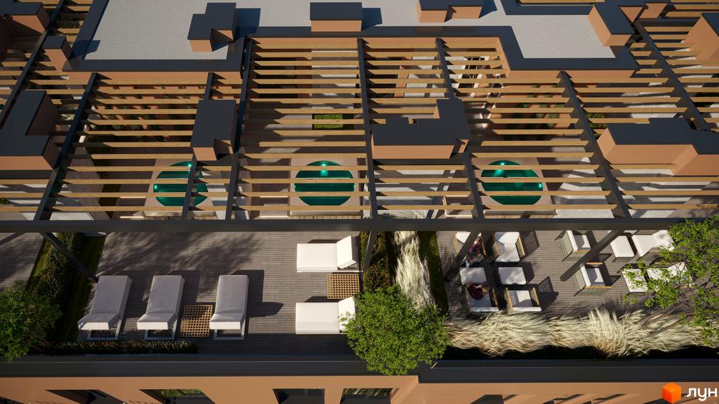 Житловий комплекс Aqua Vita з басейнами та зонами відпочинку на даху. На території розташовані шезлонги, столики та зелені насадження.