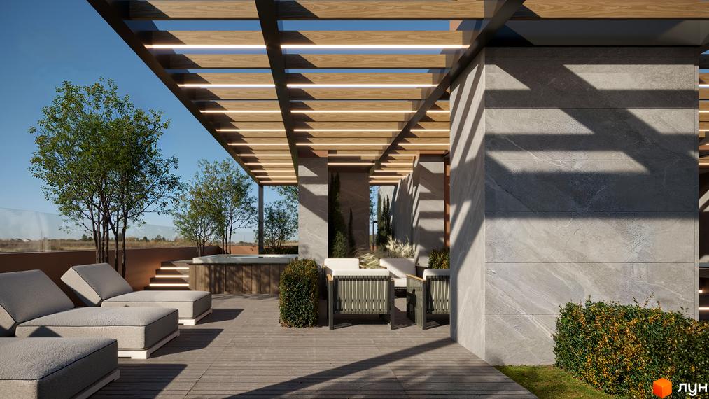 Житловий комплекс Aqua Vita: тераса з джакузі, шезлонгами та зонами відпочинку під дерев'яним навісом з підсвіткою.