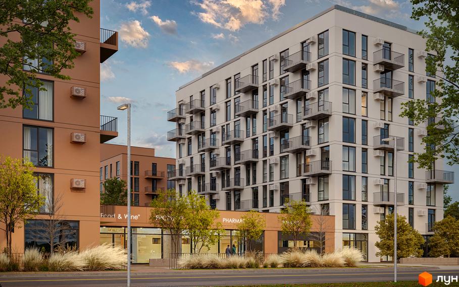 Зовнішній вигляд новобудови Aqua Vita з балконами та кондиціонерами, що виходить на вулицю з деревами та малою архітектурою.