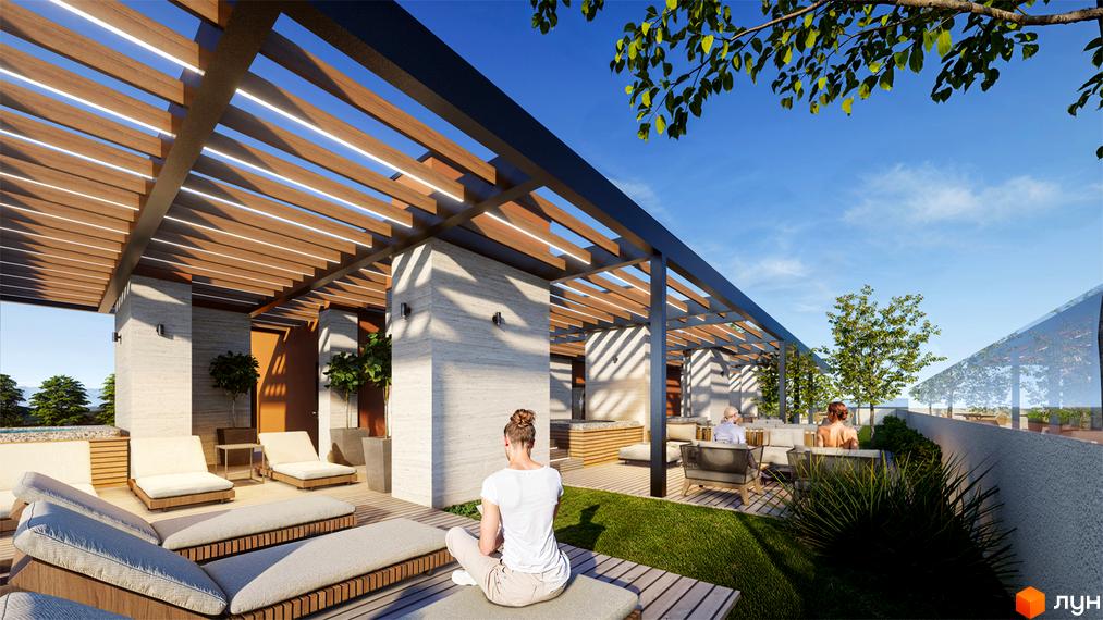 Житловий комплекс Aqua Vita: тераса з шезлонгами та зоною відпочинку під навісом. Зелена зона з деревами та місцями для сидіння.