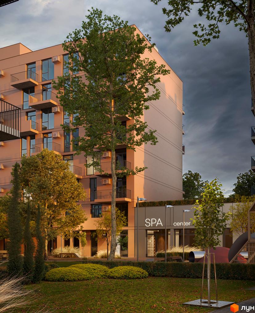 Житловий комплекс Aqua Vita з балконами та кондиціонерами, поруч зелена зона з деревами та дитячим майданчиком.