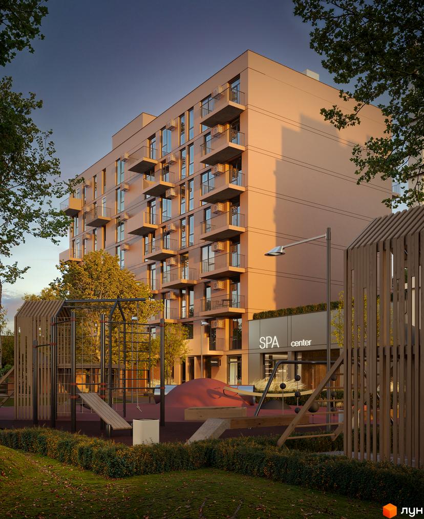 Житловий комплекс Aqua Vita з балконами та кондиціонерами, дитячим майданчиком та зоною відпочинку. Новобудова з фасадом у світлих тонах.