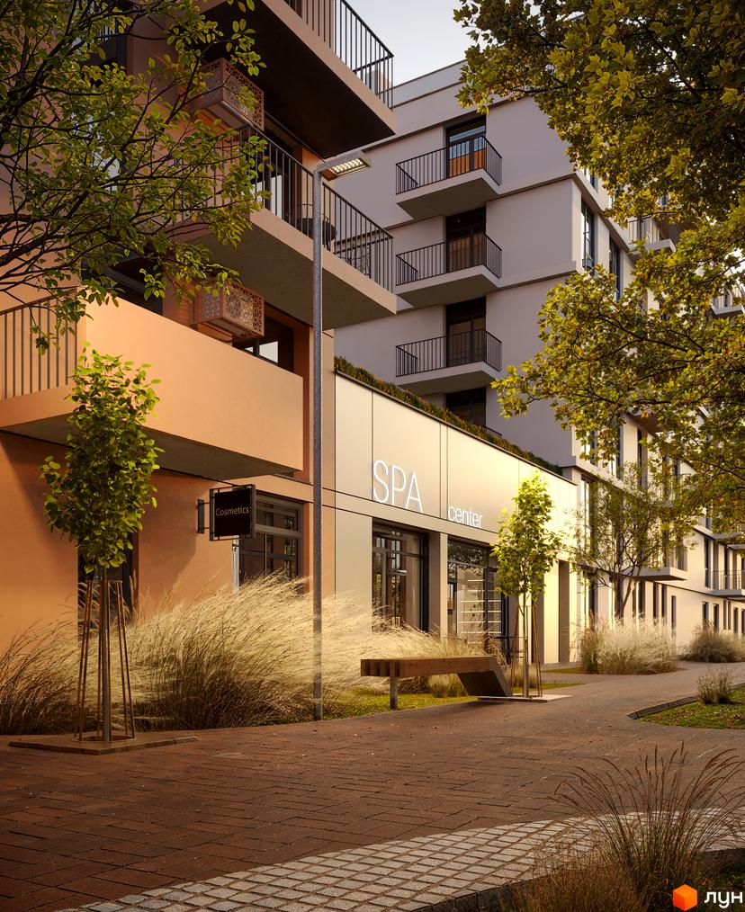 Житловий комплекс Aqua Vita: фасади будівель з балконами та вікнами, вивіска SPA center, прибудинкова територія з деревами та травою.