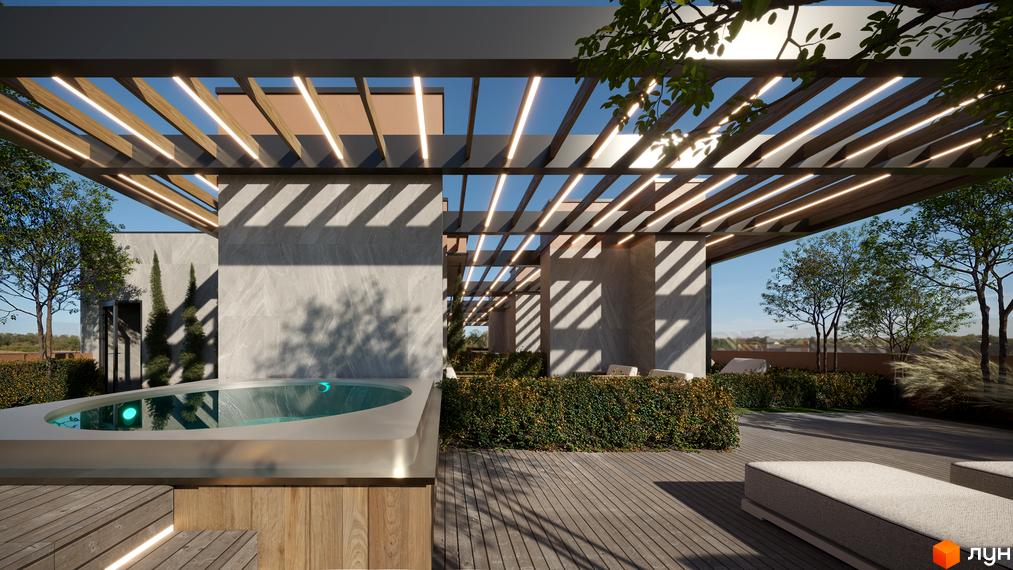 Житловий комплекс Aqua Vita: тераса з джакузі та зоною відпочинку під навісом з підсвіткою. Прибудинкова територія з деревами та кущами.