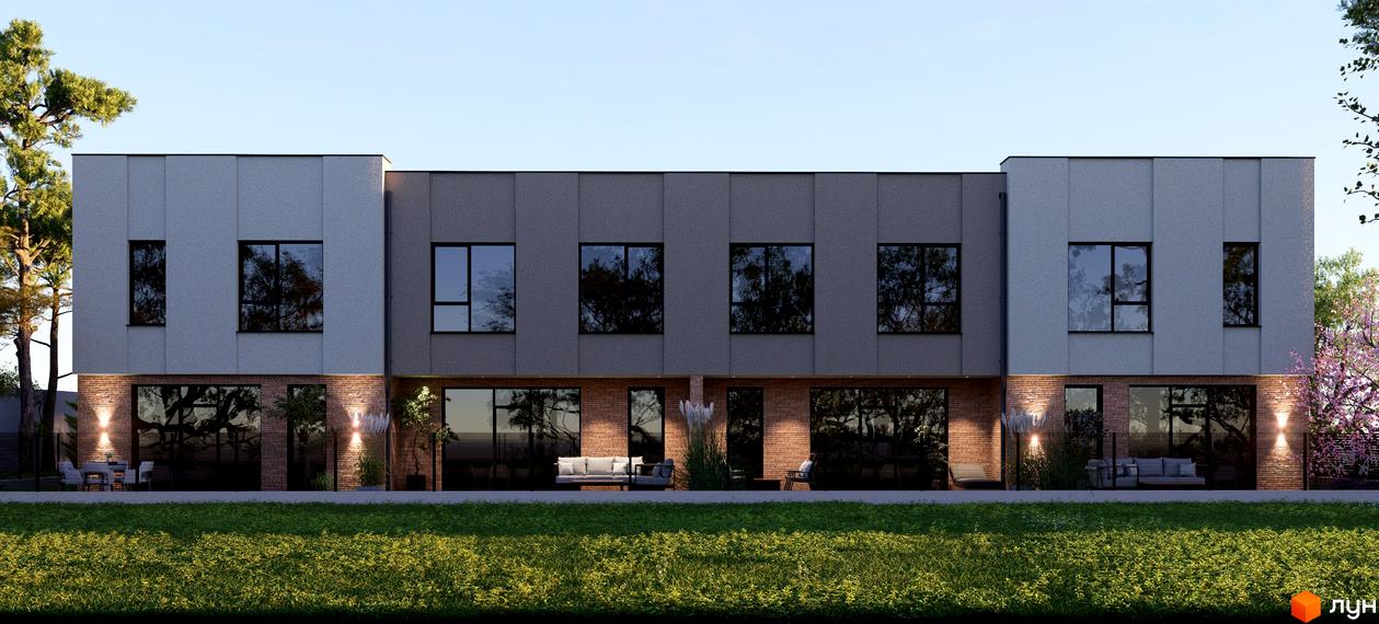 Зовнішній вигляд таунхаусів Преміум з цегляним фасадом та великими вікнами, що виходять на зелену галявину та зони відпочинку.