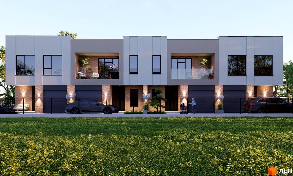 Зовнішній вигляд таунхаусів Преміум з гаражами та балконами. Прибудинкова територія з автомобілями та дитячим візком.