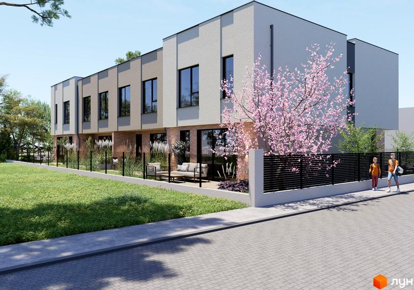 Зовнішній вигляд таунхаусів Преміум з цегляним фасадом та великими вікнами, прибудинкова територія з газоном та огорожею.