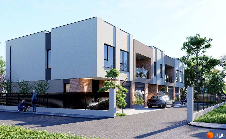 Таунхауси Преміум: фасади з цегли та штукатурки, балкони зі скляними огорожами, прибудинкова територія з деревами та дорогою.