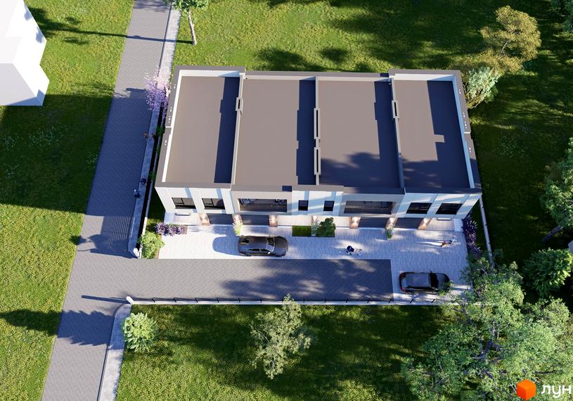 Таунхауси Преміум: сучасні двоповерхові будинки з пласкими дахами та великими вікнами, оточені доглянутою прибудинковою територією з газонами та доріжками.