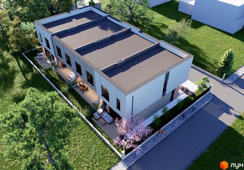 Зовнішній вигляд таунхаусів Преміум з пласкими дахами та великими вікнами, прибудинкова територія з терасами та зеленими насадженнями.