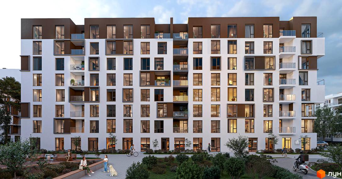 Житловий комплекс CONTINENT MODERN з білими фасадами, коричневими елементами та балконами. На прибудинковій території розташовані зелені насадження, лавки та доріжки.