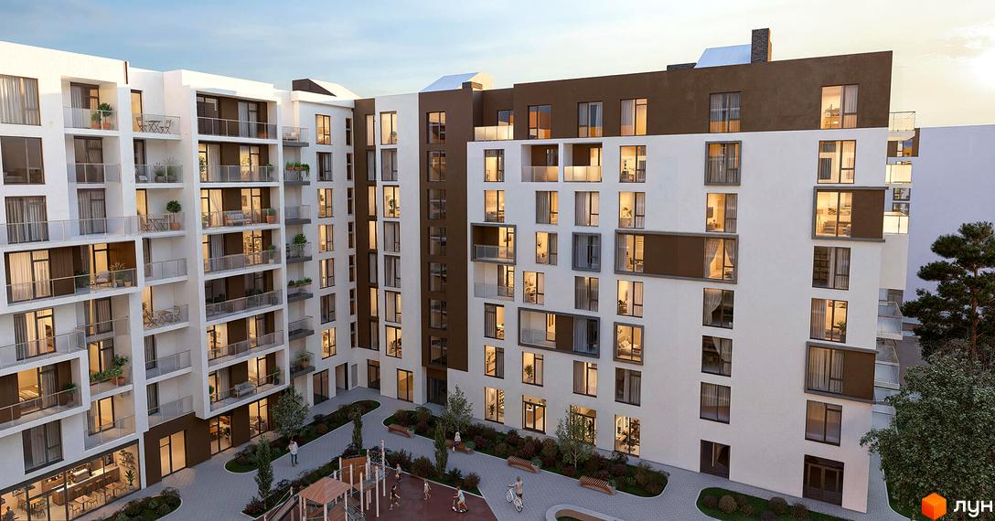 Будівельний проєкт CONTINENT MODERN - це багатоповерхові будинки з балконами та великими вікнами, що виходять на внутрішній двір з дитячим майданчиком та зонами відпочинку.