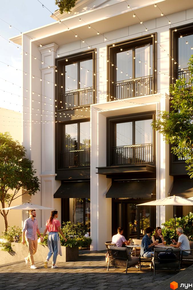 MIY by Five Forces - фасади будівель з балконами та вікнами, прикрашені гірляндами, та затишна прибудинкова територія з терасою та деревами.