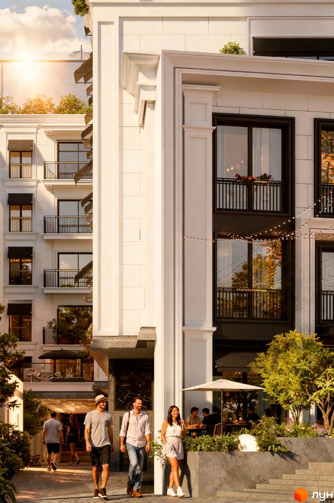 Зовнішній вигляд новобудови MIY by Five Forces з елегантною архітектурою та балконами, поруч розташована прибудинкова територія з деревами та терасою.