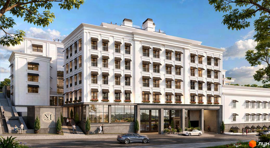 Зовнішній вигляд новобудови MIY by Five Forces з білими фасадами, балконами та вікнами, а також прибудинкова територія з дорогою та автомобілями.