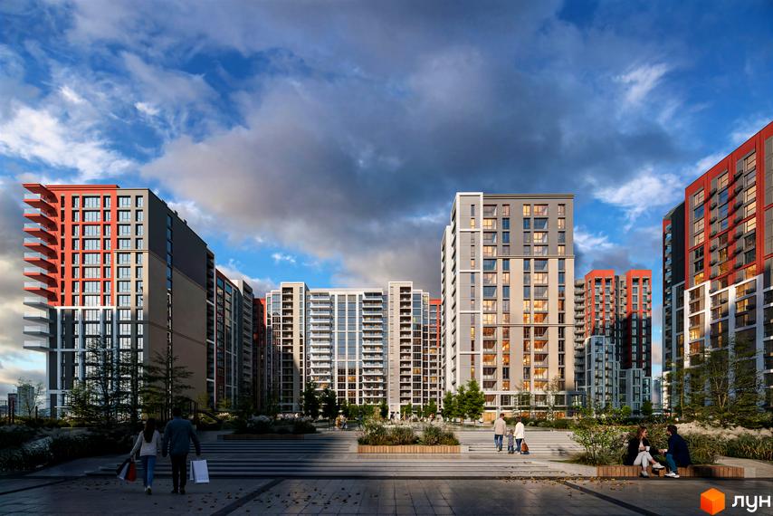 Житловий комплекс Irpin City з багатоповерховими будинками та упорядкованою прибудинковою територією.