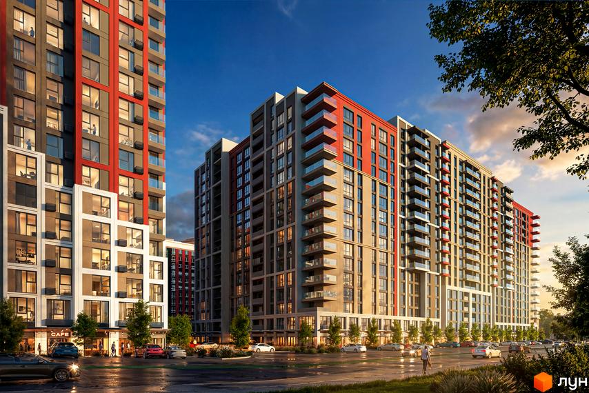 Новобудова Irpin City з червоними та сірими фасадами, скляними балконами та прибудинковою територією з деревами та автомобілями.