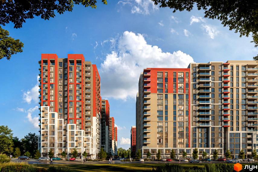 Житловий комплекс Irpin City. Зовнішній вигляд багатоповерхових будинків з червоними та бежевими фасадами, скляними балконами та прибудинковою територією з деревами.