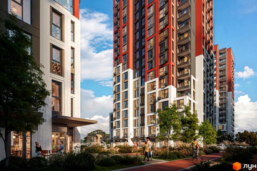 Новобудова Irpin City з червоно-сірими фасадами та білими акцентами, зеленою прибудинковою територією та зоною для відпочинку.