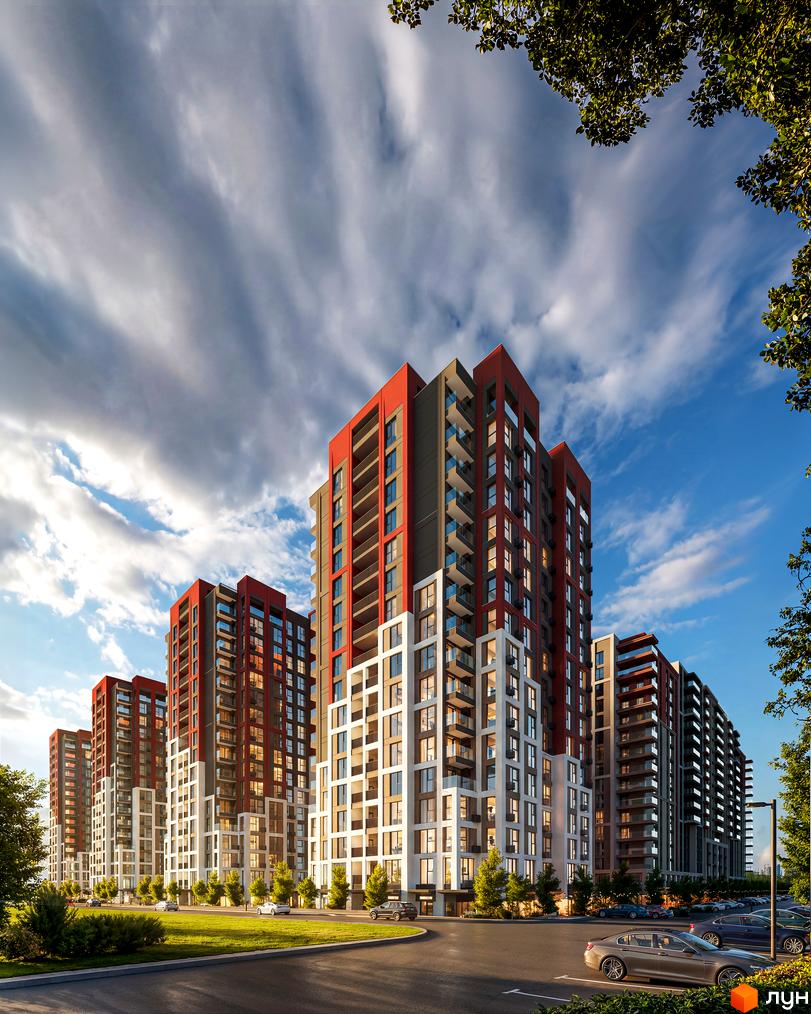 Житловий комплекс Irpin City з червоно-білими фасадами та скляними балконами, оточений зеленими деревами та доглянутою прибудинковою територією.