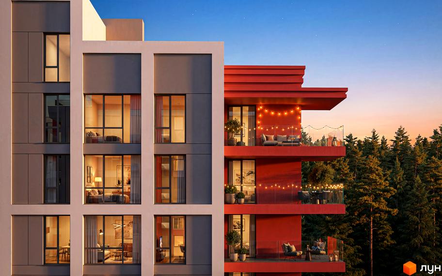 Фасад новобудови Irpin City з червоними та сірими елементами, балконами з гірляндами та видом на ліс.