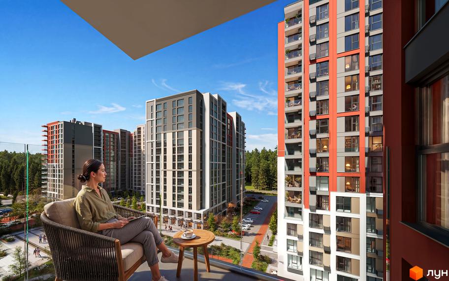 Житловий комплекс Irpin City з фасадами в сірих та помаранчевих тонах, балконами та панорамними вікнами. Навколо зелені насадження та доглянута прибудинкова територія.