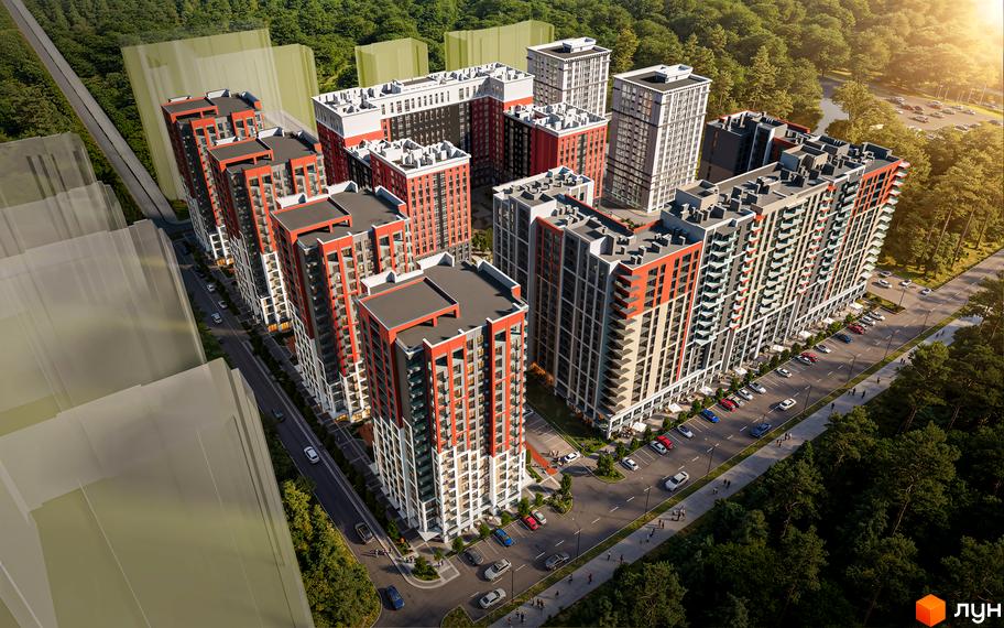 Irpin City – житловий комплекс з червоно-білими фасадами та балконами, оточений деревами. Навколо будівель розташовані дороги та паркувальні місця.