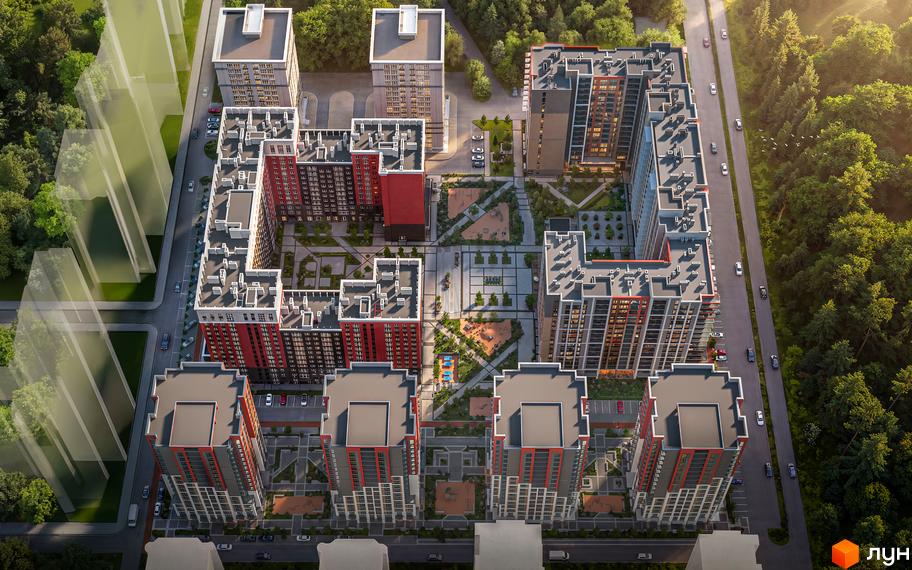 Житловий комплекс Irpin City з багатоповерховими будинками червоного та сірого кольору. На прибудинковій території розташовані дитячі майданчики та зелені зони.