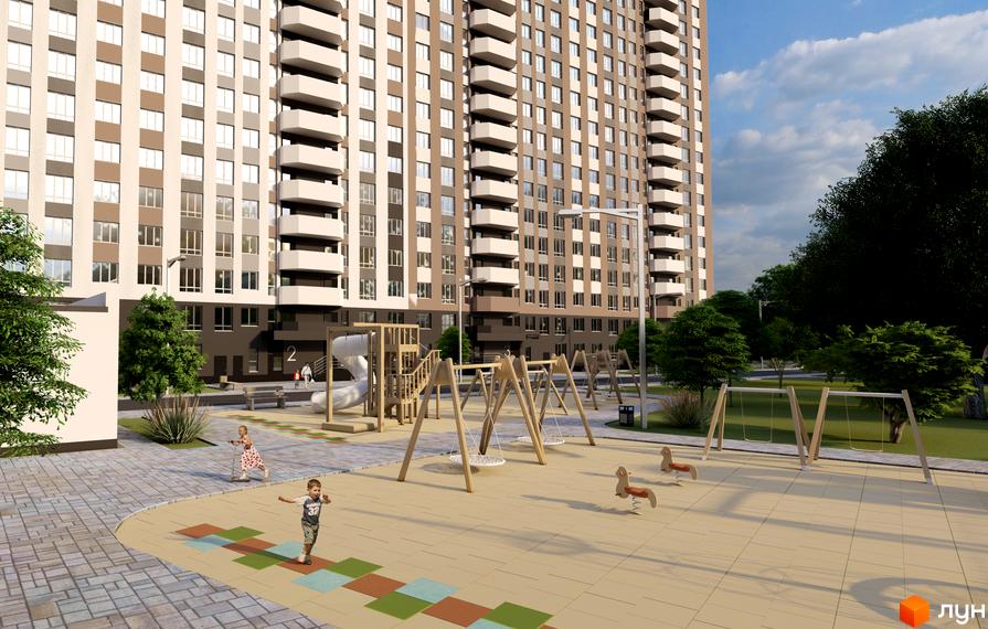 Житловий комплекс Олімпійський: висотна будівля з балконами та дитячим майданчиком з гіркою та гойдалками.