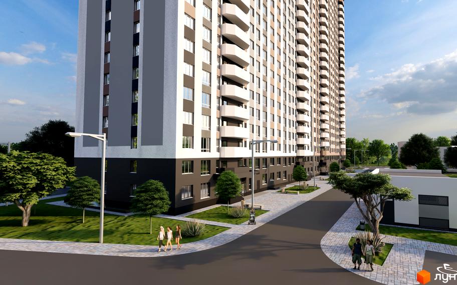 Зовнішній вигляд новобудови ЖК Олімпійський з балконами та прибудинковою територією з деревами та пішохідними доріжками.