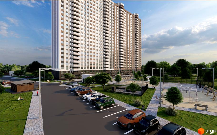 Житловий комплекс Олімпійський - висотна новобудова з балконами та паркінгом, поруч дитячий майданчик та зелена зона.