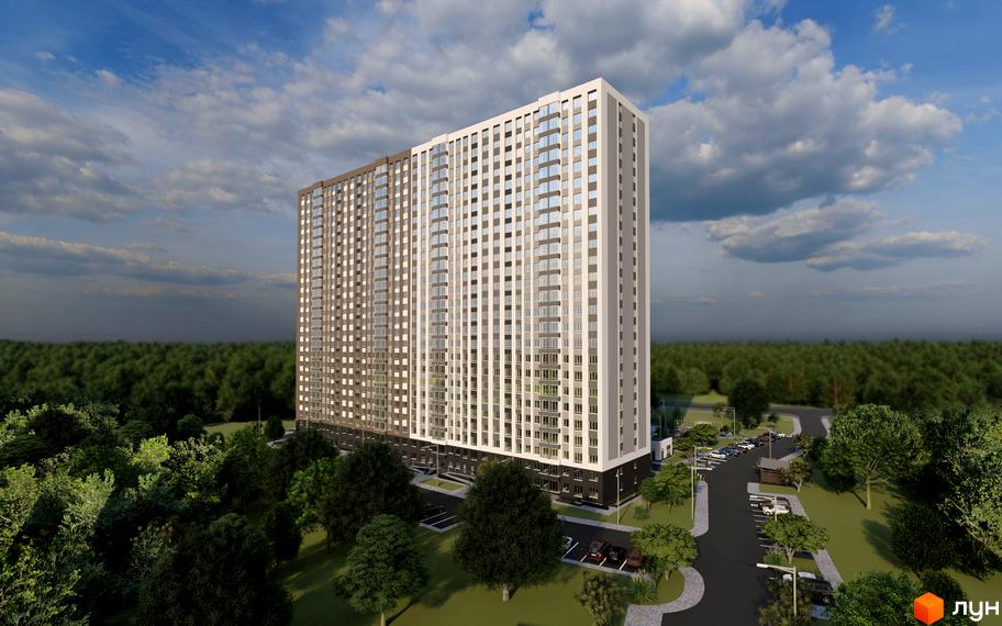 Новобудова ЖК Олімпійський з численними балконами та паркінгом навколо, оточена деревами.